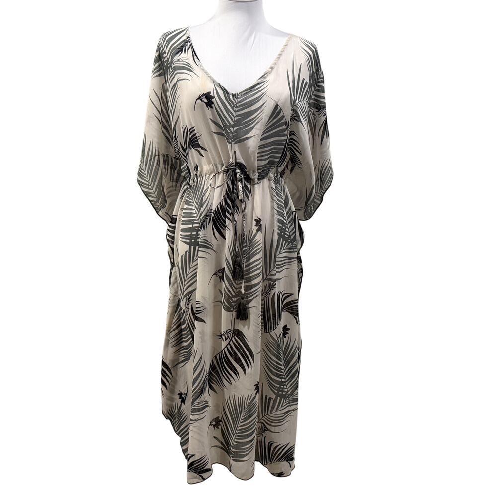 Boho Tropical Palm Print Cover Up Kaftan Dress Flowy Beach Small Resort Vacation